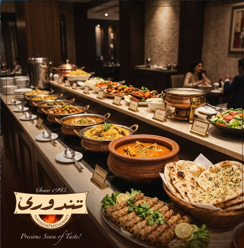 A luxurious spread of authentic Pakistani food representing the best buffet in Islamabad at Tandoori Restaurants.