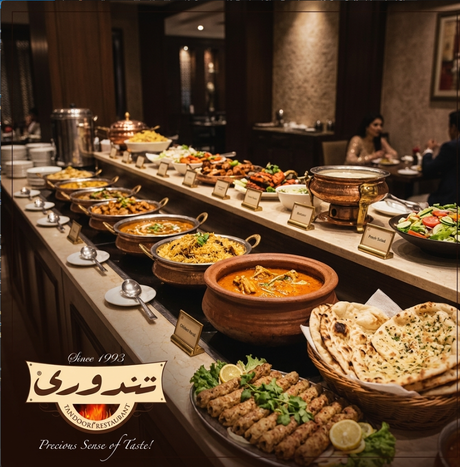 A luxurious spread of authentic Pakistani food representing the best buffet in Islamabad at Tandoori Restaurants.